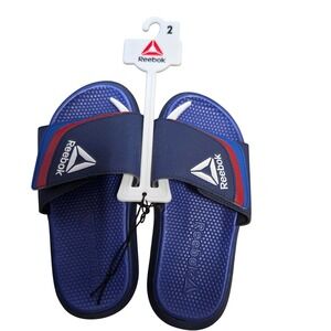 Reebok Kids Slides Sandals Blue with Red and White Striped Accents